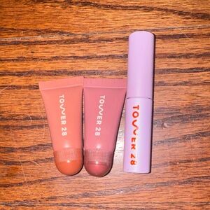 Tower 28 Lip & Cheek Tint Trio in Peach and Pink and black mascara
